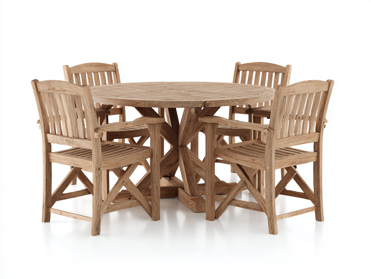 Garten Essgarnituren aus Massivholz ca. 120 x 120 x 76 cm - 1 Rundtisch und 4 Armlehnstühle - Naturbraun - Klassisches Outdoor-Set