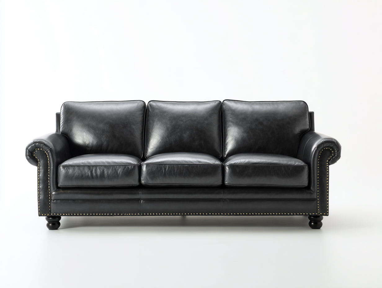3 Sitzer Sofas mit Ziernagelbesatz - Kunstleder und Holzfüße - 225 x 96 x 88 cm - Schwarz - Gepolstertes Sofa im klassischen Design