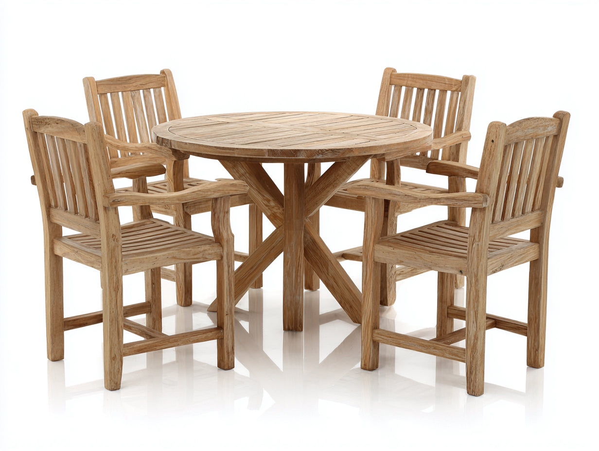 Garten Essgarnituren aus massivem Holz - Rundtisch 120 x 120 x 75 cm und 4 Armlehnstühle - Naturholz - Für Garten und Terrasse - Klassisches Essset