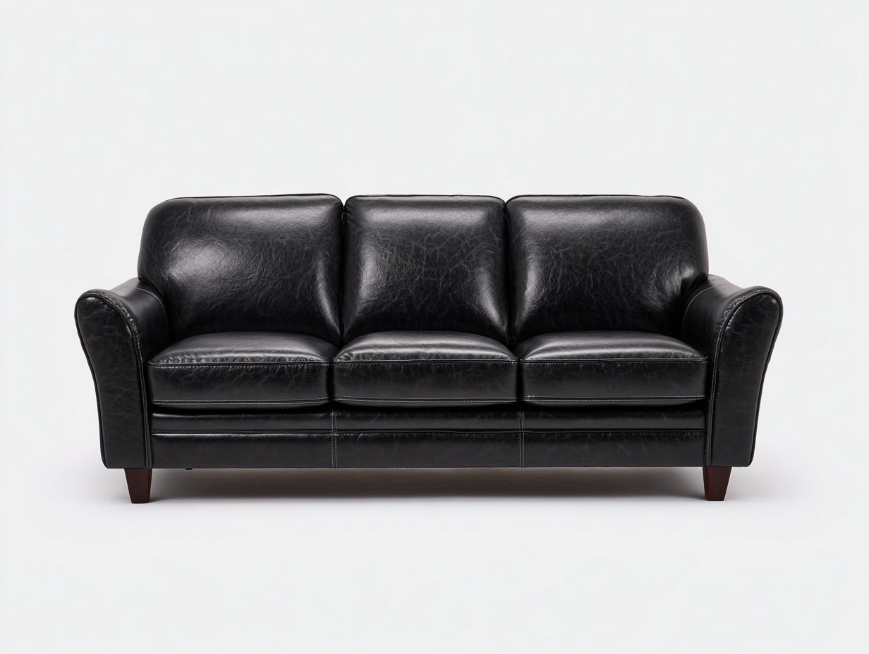 3 Sitzer Sofas aus Kunstleder 218 x 94 x 88 cm - Schwarz und Dunkelbraun - Klassisches Design mit gepolsterten Armlehnen