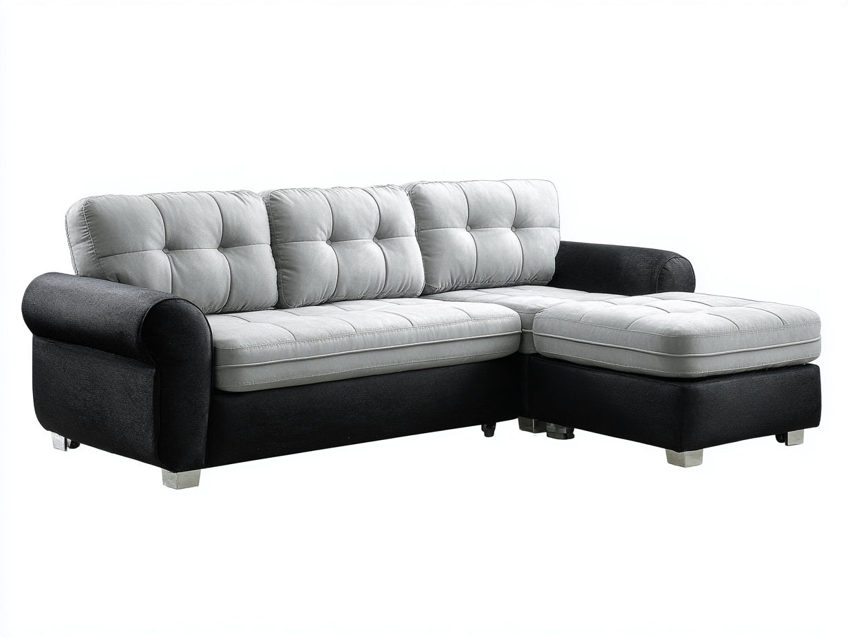 Ecksofa mit Ottomane - Strukturstoff und Metallfüße - 275 x 185 x 90 cm - Schwarz und Hellgrau - Gepolstertes Loungesofa mit Steppung