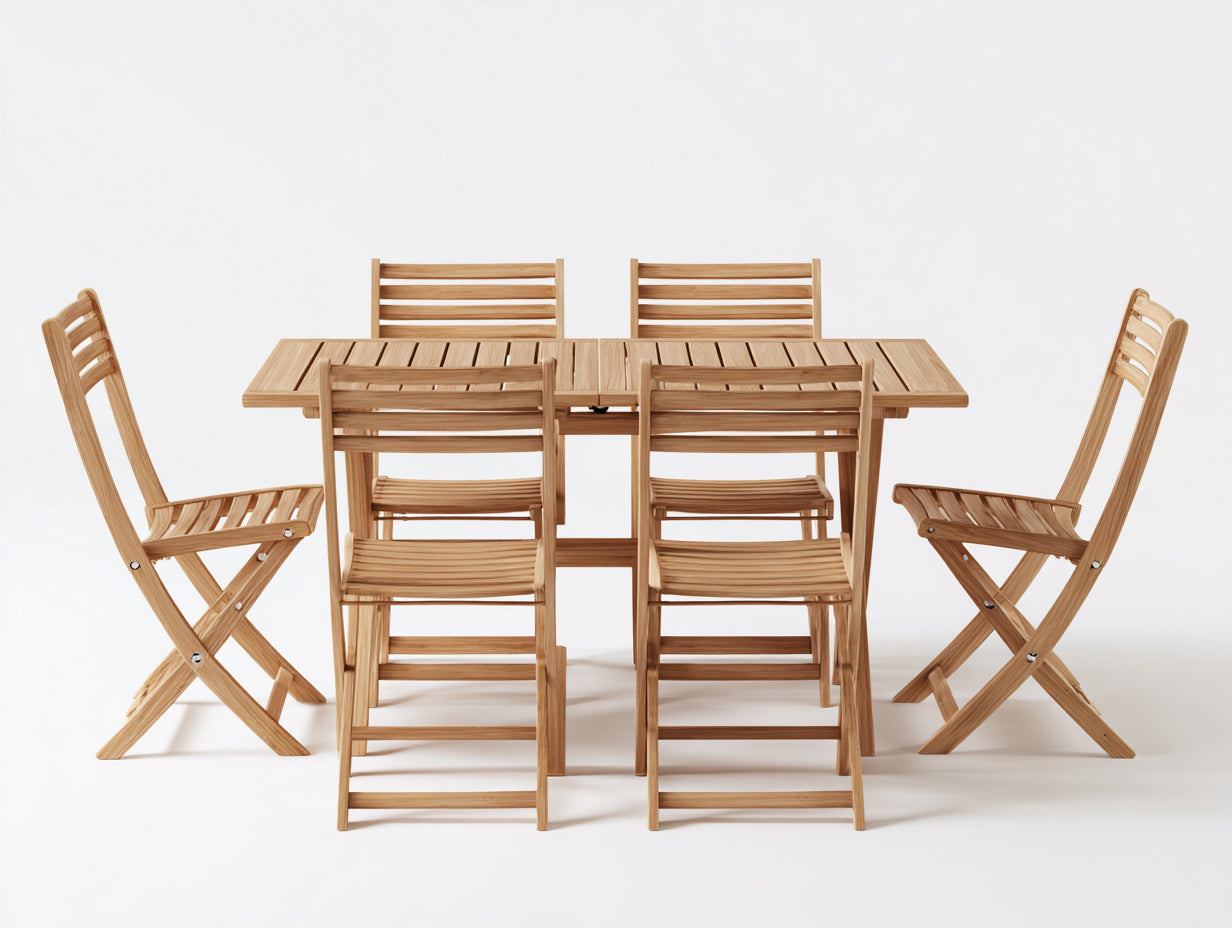 Garten Essgarnituren 7-teilig aus Holz 160 x 90 x 75 cm - Naturholz - Rechteckiger Gartentisch mit 6 Klappstühlen für Terrasse und Garten