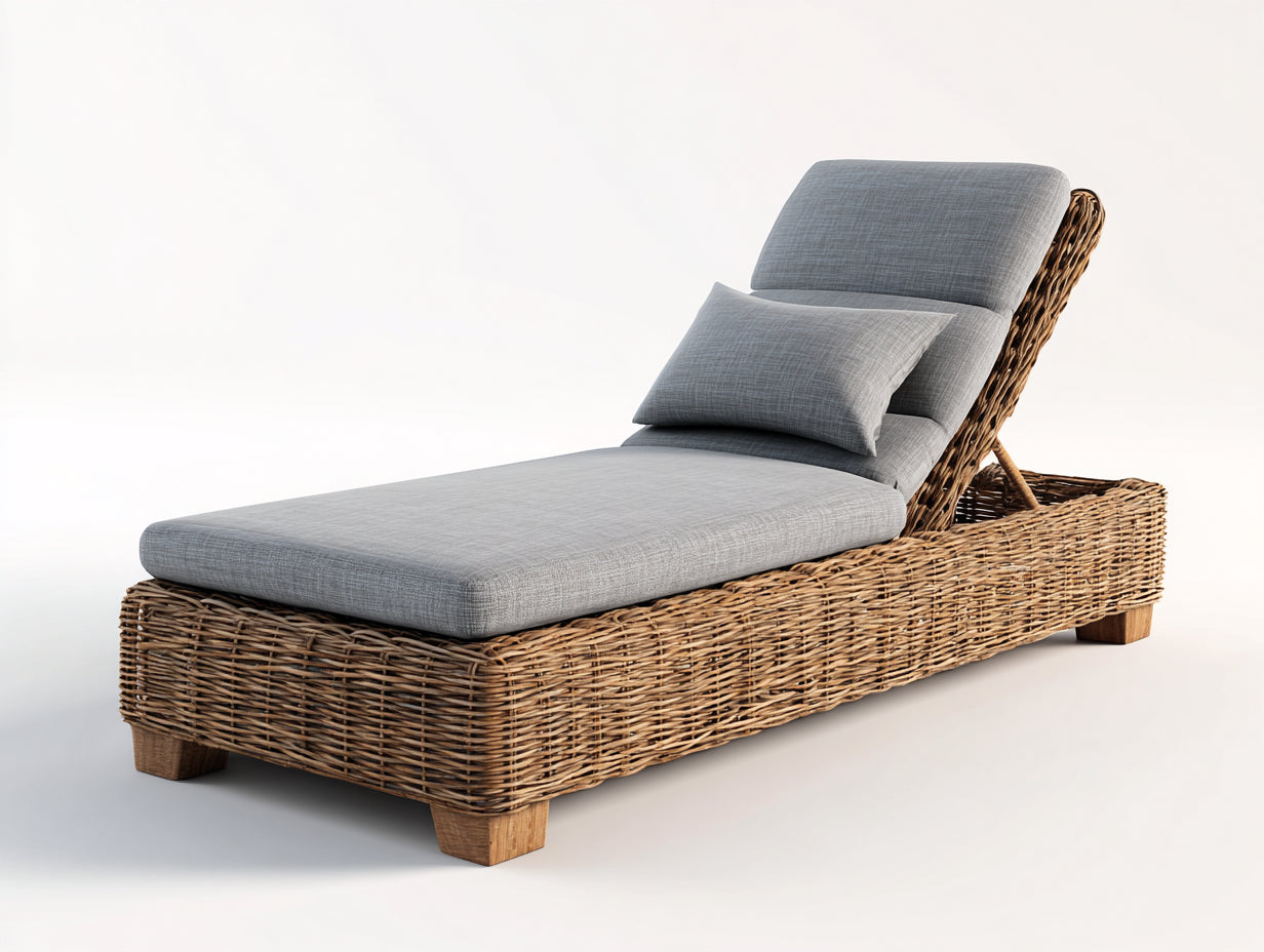 Sonnenliege aus Geflecht mit Polsterauflage - 200 x 70 x 88 cm - Grau und Naturbraun - Verstellbare Rückenlehne - Für Garten und Terrasse