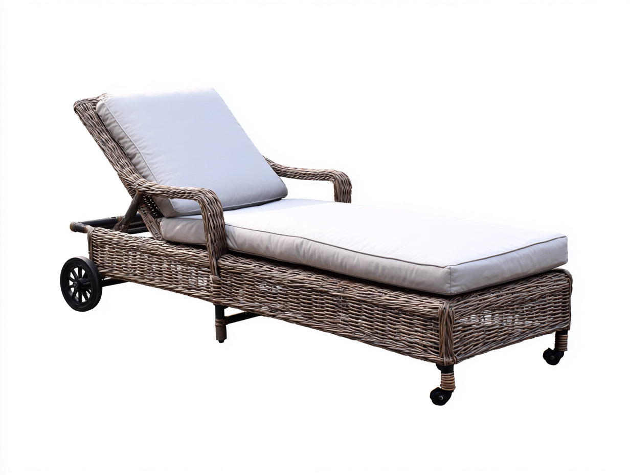 Sonnenliege aus Polyrattan ca. 205 x 76 x 98 cm - Graubraun und Cremeweiß - Verstellbare Rückenlehne mit Armlehnen und Rollen - Modernes Design