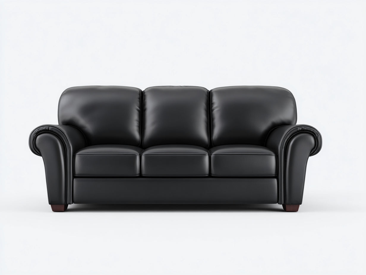 3 Sitzer Sofas mit gerollten Armlehnen - Kunstleder und Holzfüße - 220 x 95 x 90 cm - Schwarz - Gepolstertes Sofa im klassischen Design