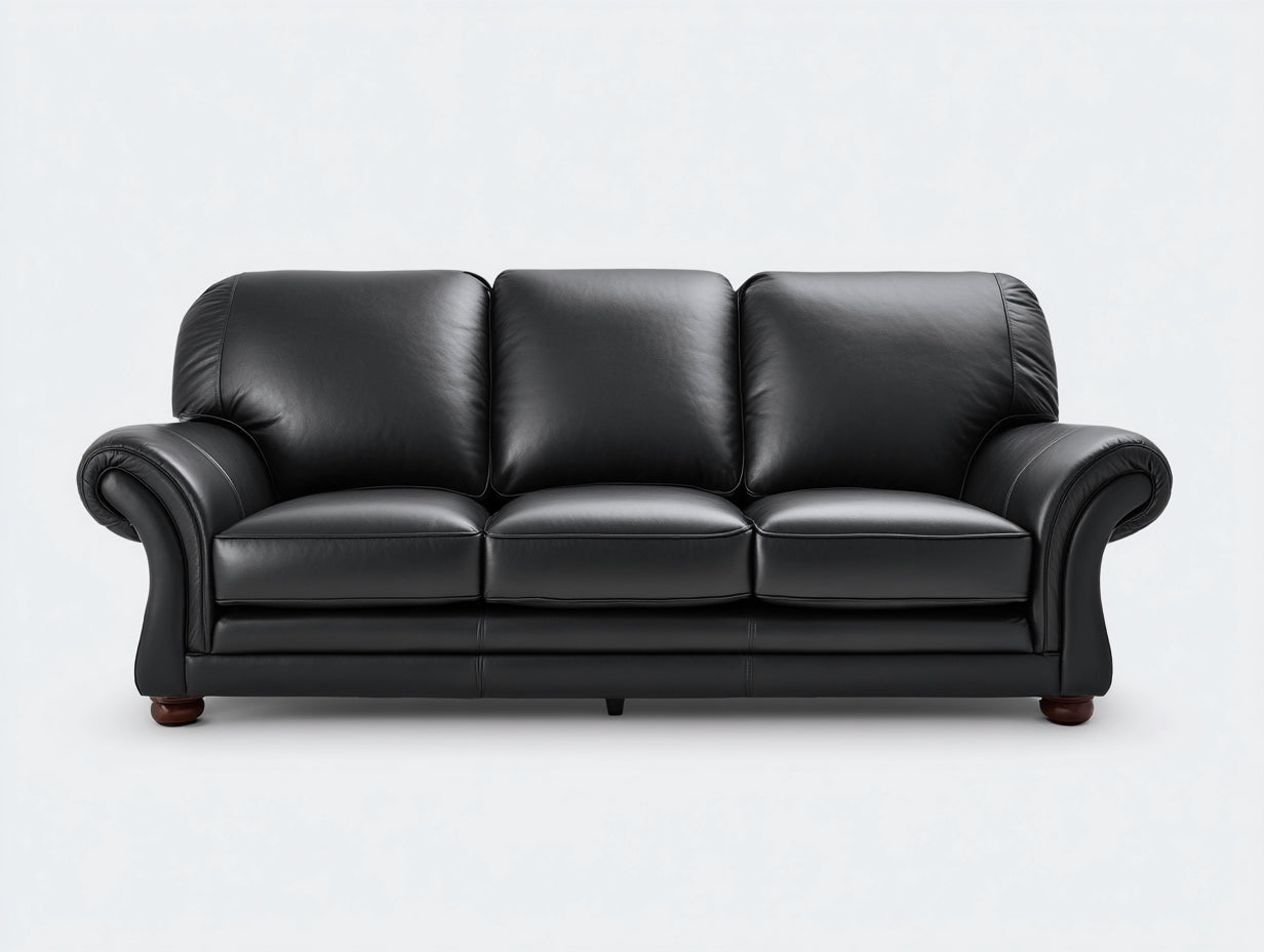 3 Sitzer Sofas aus Kunstleder und Massivholz 225 x 96 x 92 cm Schwarz Dunkelbraun für Wohnzimmer - Gepolstertes klassisches Design