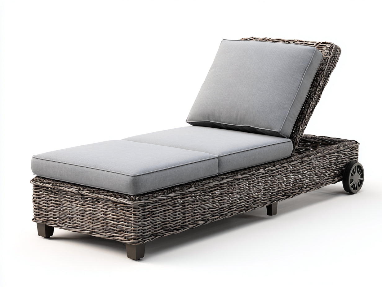 Sonnenliege aus Rattangeflecht und Webstoff 200 x 72 x 92 cm - Grau und Braun - Verstellbare Rückenlehne mit Rollen