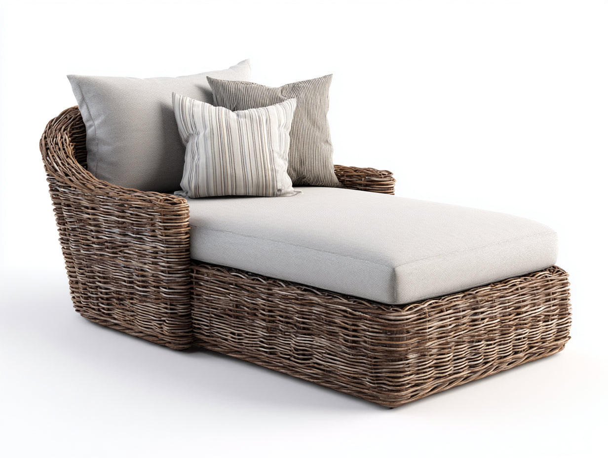 Sonnenliege mit Armlehnen und Polsterauflage - Polyrattan und Strukturstoff - 198 x 88 x 82 cm - Braun und Cremeweiß - Breite Gartenliege im Loungedesign