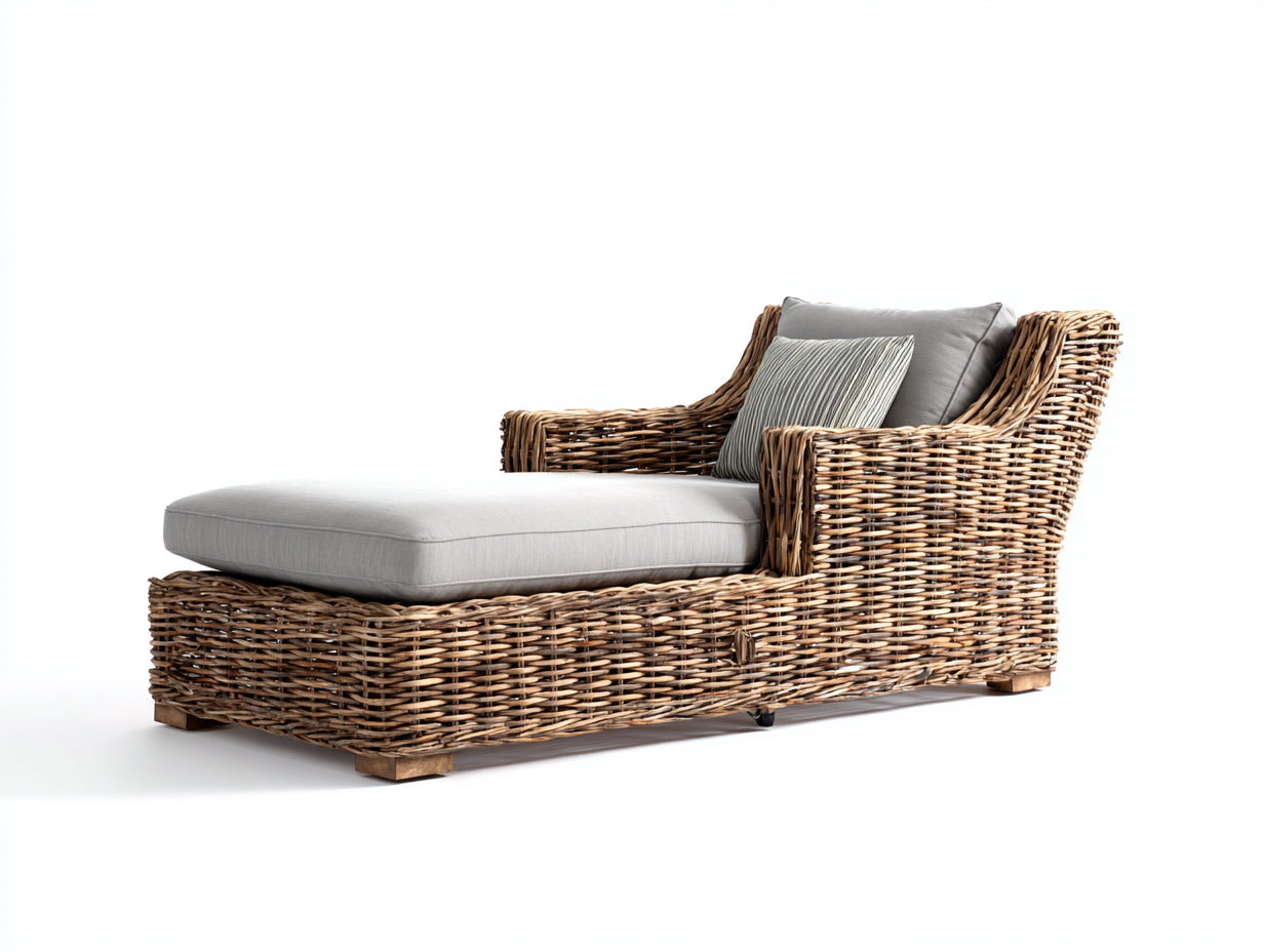 Sonnenliege aus Rattangeflecht 178 x 92 x 96 cm - Naturbraun - Breite Relaxliege mit hoher Rückenlehne für Terrasse und Wintergarten